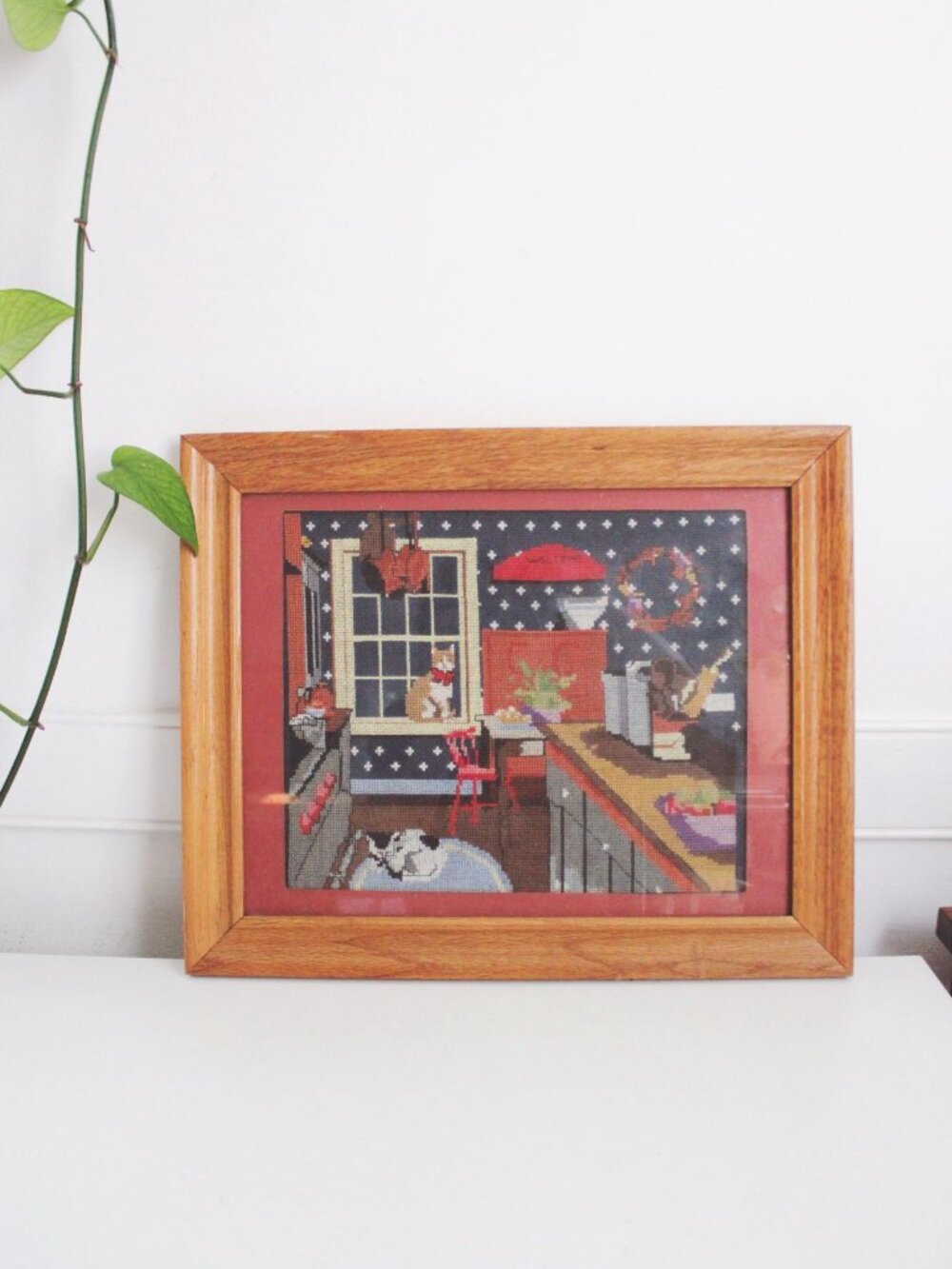 Vintage Framed Cross Stitch Art Kitchen Kittens Cozy Country Home Cat Cottagecor